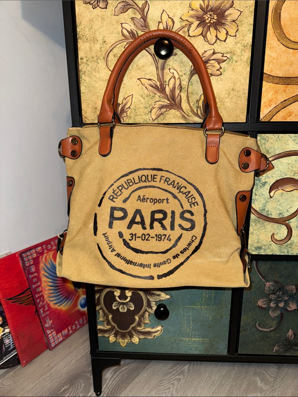 Canvas Paris Stamp Tote Bag in Tan with Brown Trim